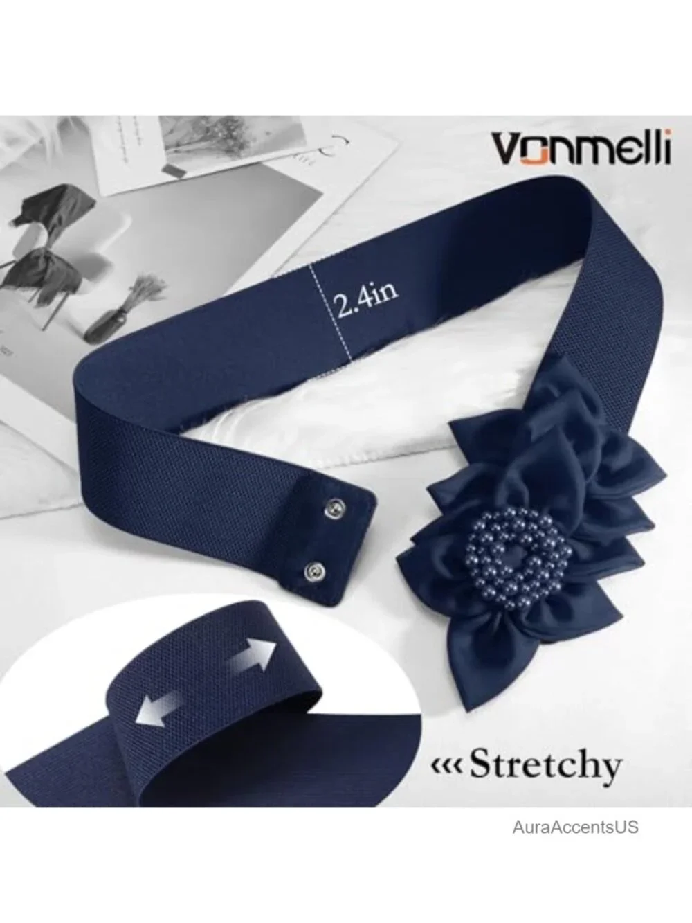Wide Elastic Stretch Belt with Floral Pearl Decor for Dresses